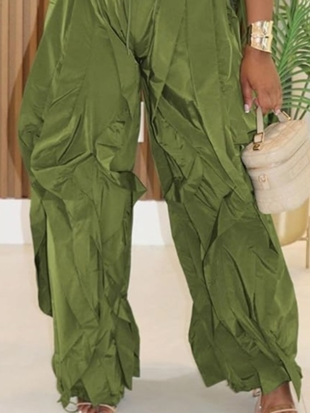 Olive Green Wide-Leg Ruffled Pants